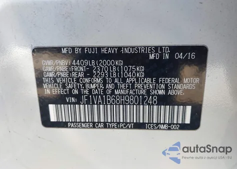 2017 Subaru Wrx from USA, damaged, VIN JF1VA1B68H9801248